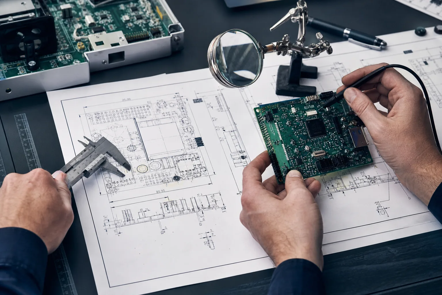 Engineer reviewing electronic hardware